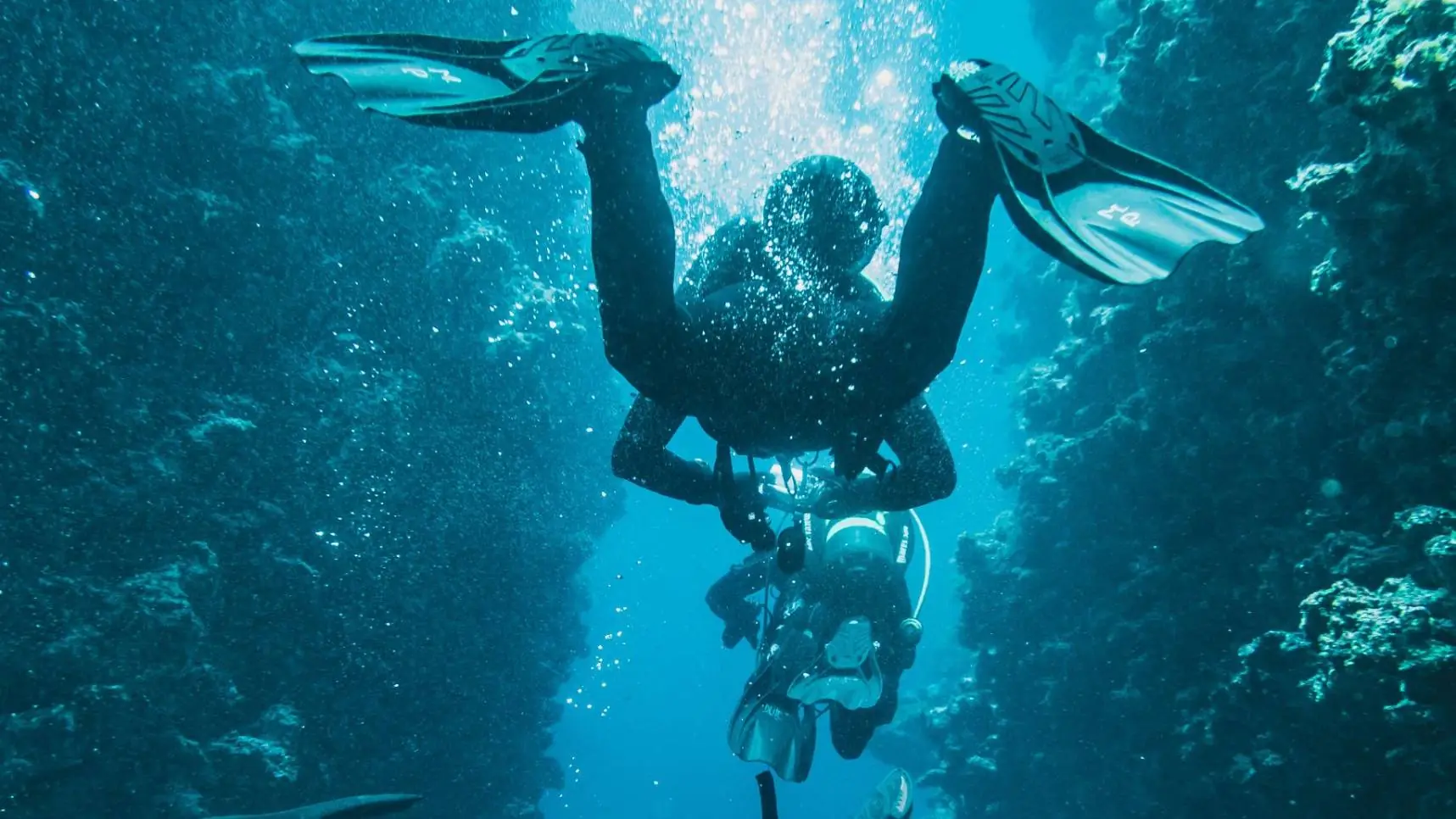 A group of divers descending through a narrow reef canyon with sunlight and bubbles above