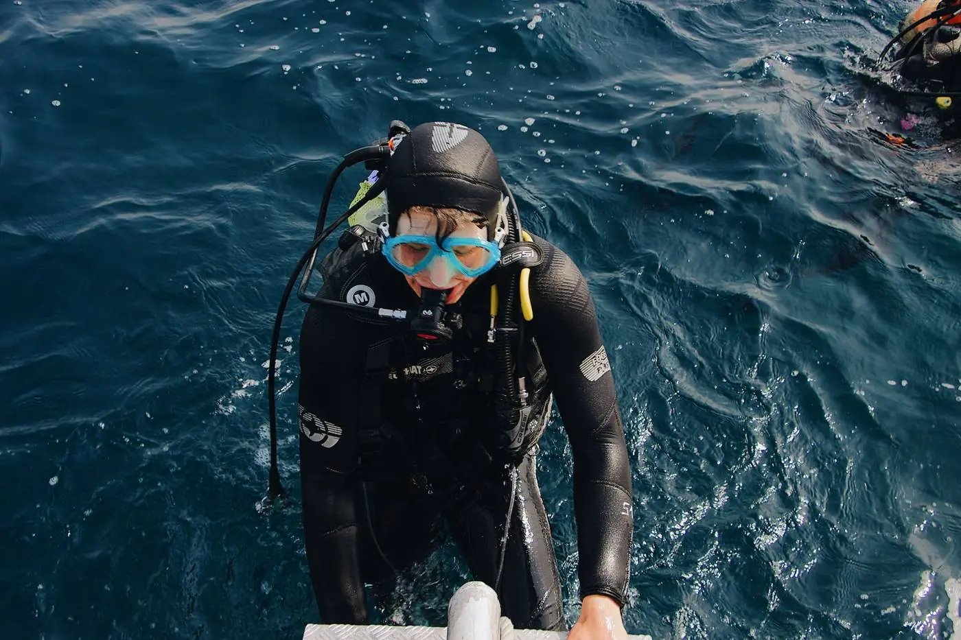 A smiling diver in a wetsuit and blue mask climbing the ladder back onto a dive boat